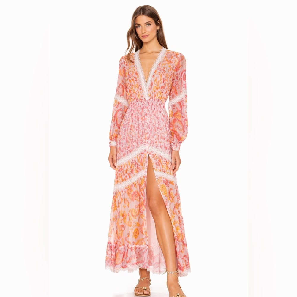 Rococo Sand Candy Maxi Dress Pink Paisley Lace Metallic Thread XS NWT Boho
